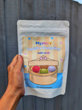 A hand holding a stand-up pouch of 'Mystery Squishy Dumpling' bath bomb against a gray wooden fence background. The pouch is white with a colourful cartoon illustration of a bamboo basket containing red, green, and purple bath bombs, and features the brand 'Fizz bomb Cosmetics'.