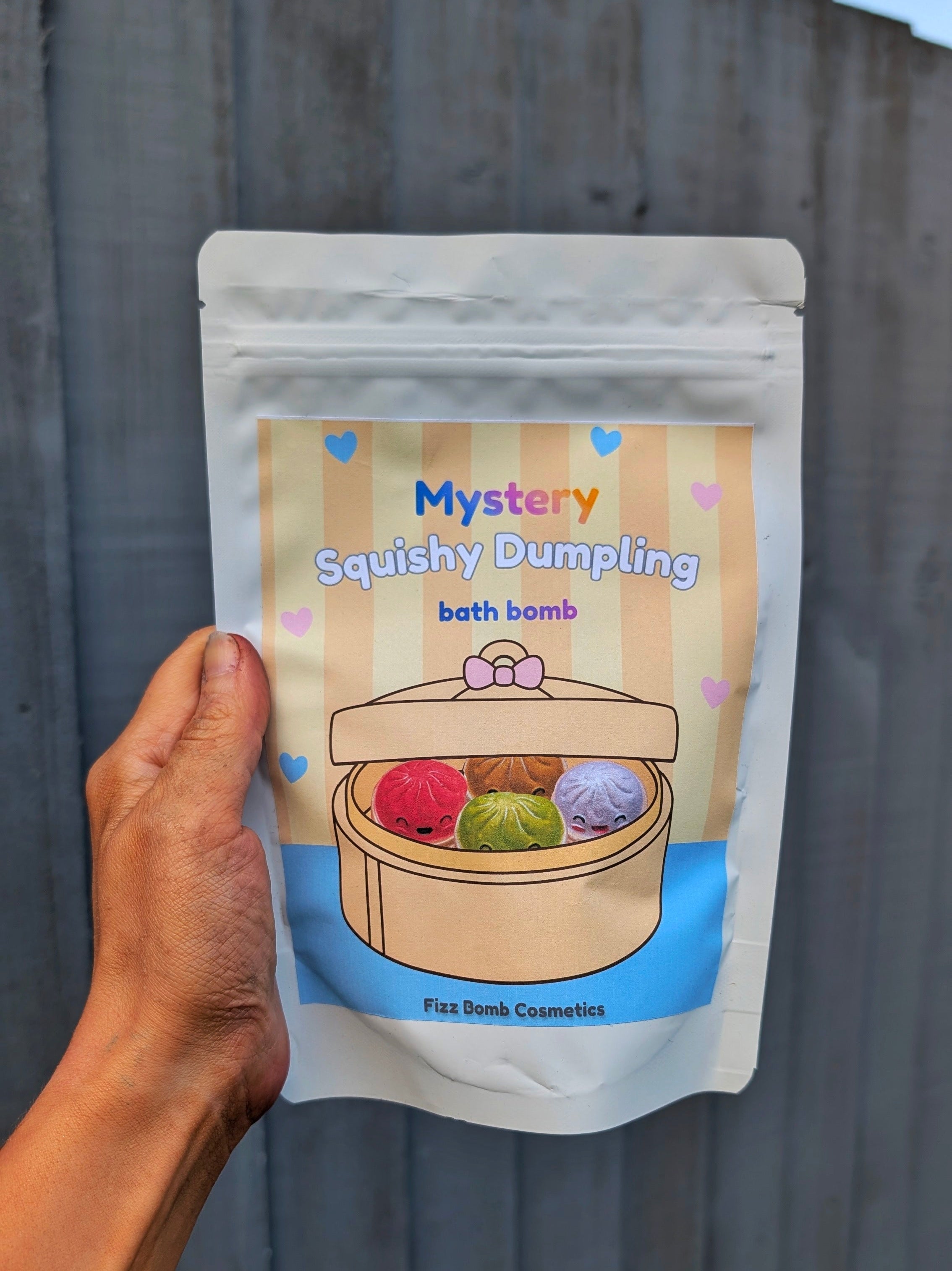 A hand holding a stand-up pouch of 'Mystery Squishy Dumpling' bath bomb against a gray wooden fence background. The pouch is white with a colourful cartoon illustration of a bamboo basket containing red, green, and purple bath bombs, and features the brand 'Fizz bomb Cosmetics'.