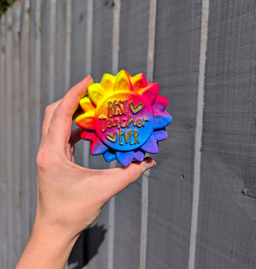 Hand holding a colorful sunflower shaped object with 'Best Teacher Ever' text against a wooden fence.